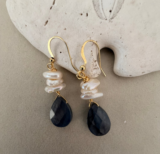 Keshi Freshwater Pearl Earrings with Blue Teardrop Gemstones