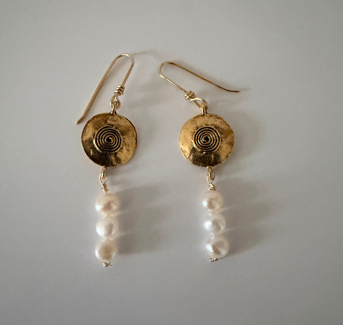 Gold Boho Disc Earrings with White Pearl Drops – Handmade Artisan Earrings